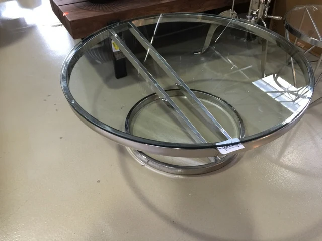 Couchtisch Silber Glas-Metall, Tisch verchromt aus Metall und Glas, Durchmesser 100 cm