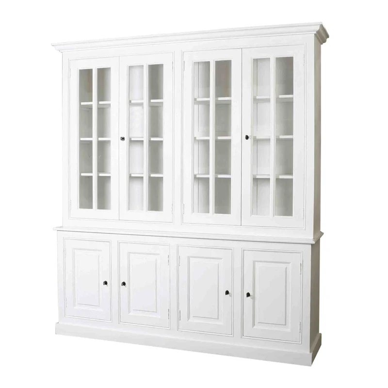 Vitrineschrank grau im Landhausstil, Geschirrschrank grau aus Massivholz, Vitrine grau, Breite 225 cm