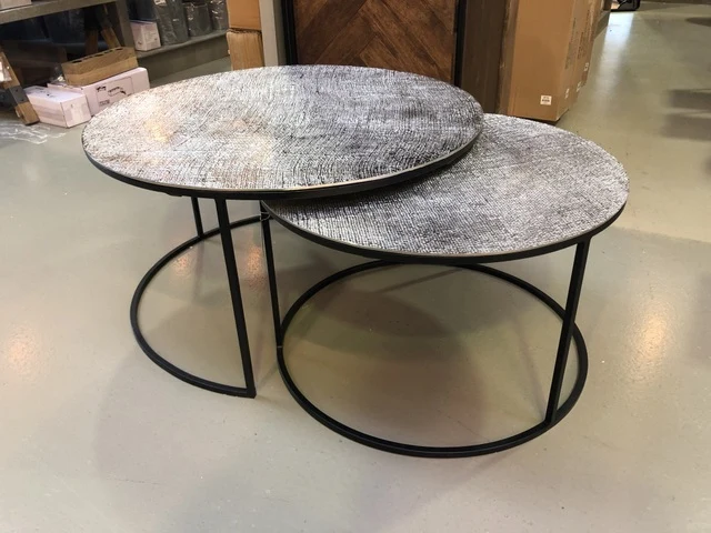 Couchtisch Silber schwarz Metall, 2er Set Couchttisch schwarz-Silber, Durchmesser 65-75 cm