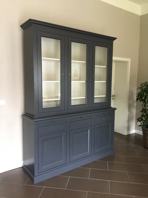 Vitrine anthrazit, Vitrinenschrank anthrazit Landhaus, Geschirrschrank anthrazit Landhausstil, Buffetschrank anthrazit, Breite 177 cm