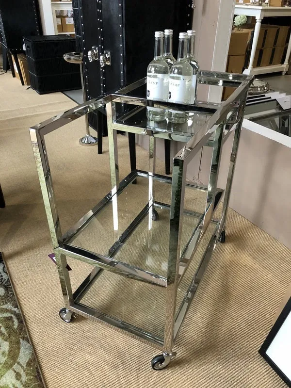 Servierwagen Silber Metall, Serviertisch Silber-Glas, Trolley Silber