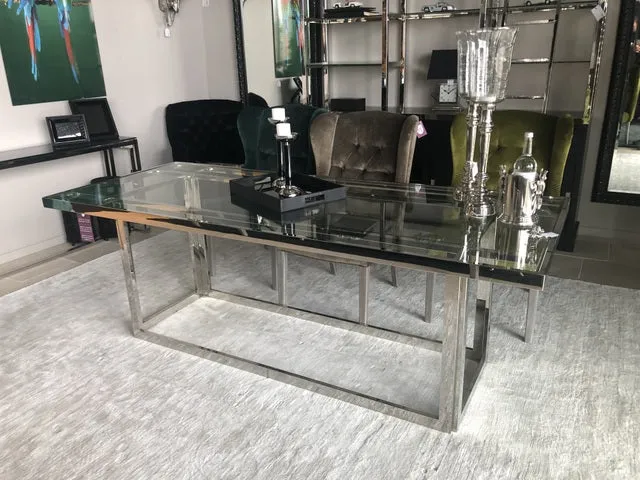 Esstisch verchromt Glasplatte, Tisch Silber Glas, Metall Tisch, Breite 220 cm