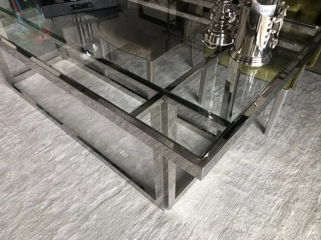 Esstisch verchromt Glasplatte, Tisch Silber Glas, Metall Tisch, Breite 220 cm