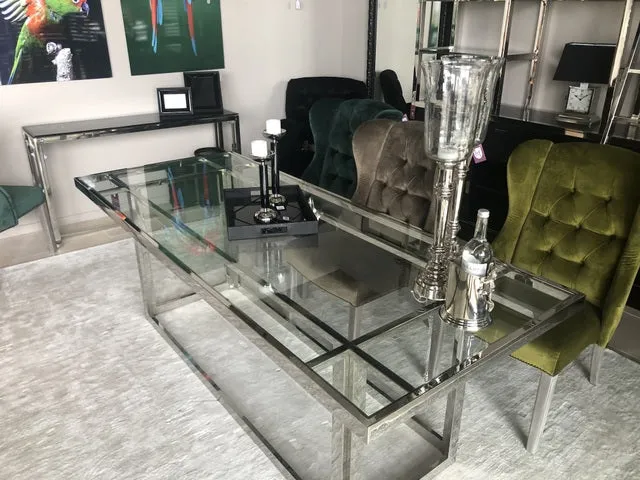 Esstisch verchromt Glasplatte, Tisch Silber Glas, Metall Tisch, Breite 220 cm