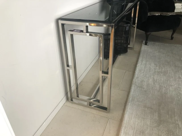 Konsole verchromt Glasplatte, Wandtisch Silber, Konsole Metall Glas, Sideboard Silber Glas, Breite 150 cm