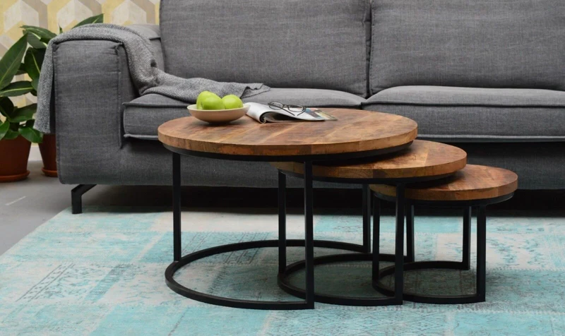 3er Set Couchtisch rund Industriedesign, runder Couchtisch Metall-Gestell,Tisch Altholz rund, Durchmesser 77 cm