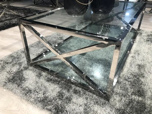 Couchtisch Silber, Glas Couchtisch verchromt, Maße 130 x 70 cm