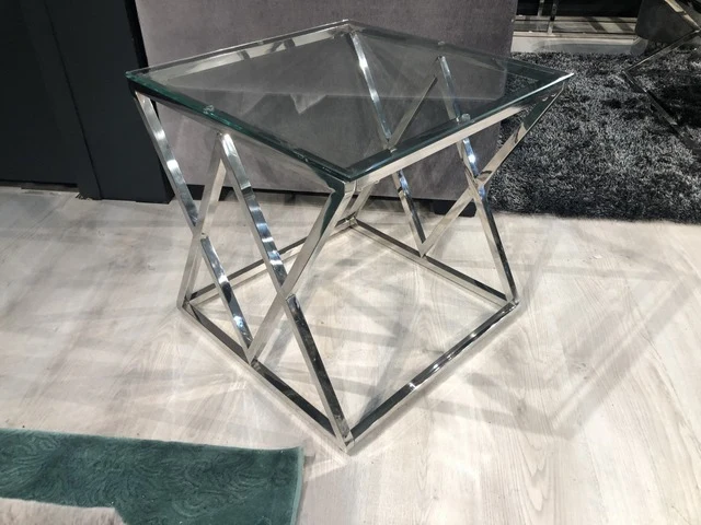 Beistelltisch Silber, Glas Beistelltisch verchromt, Glas Tisch, Maße 55 x 55 cm