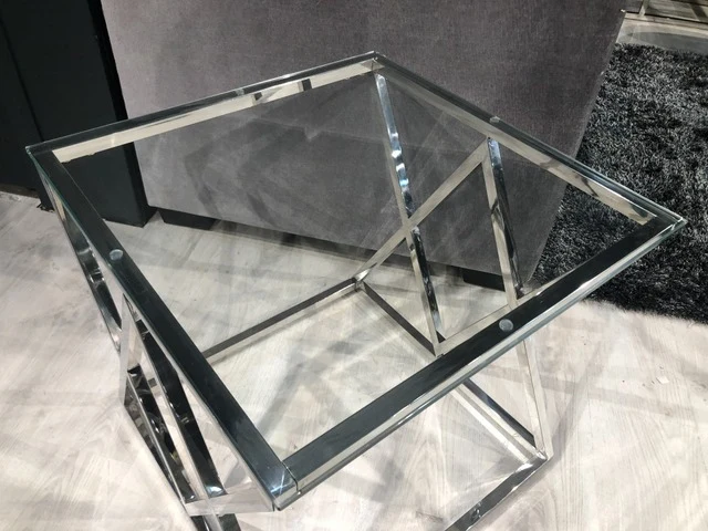 Beistelltisch Silber, Glas Beistelltisch verchromt, Glas Tisch, Maße 55 x 55 cm