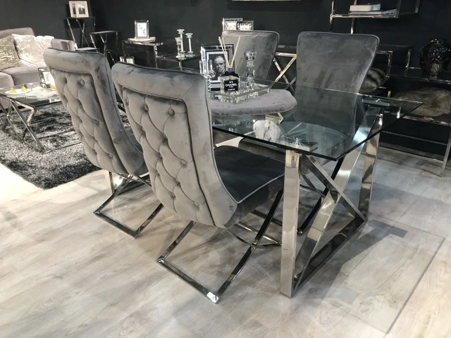 Esstisch Silber, Tisch Glasplatte verchromtes Gestell, Glastisch Silber, Breite 180 cm