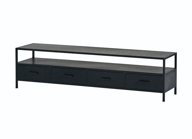 TV Lowbaord schwarz, Fernsehschrank Metall schwarz, TV Regal schwarz, Schrank schwarz Industriedesign, Breite 175 cm