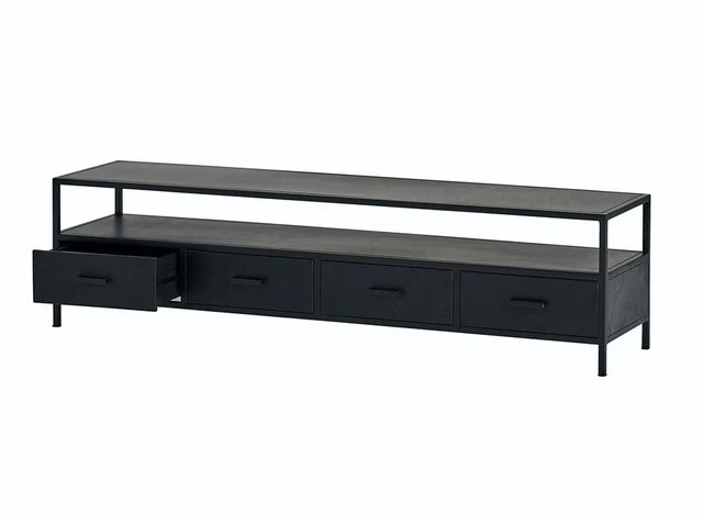 TV Lowbaord schwarz, Fernsehschrank Metall schwarz, TV Regal schwarz, Schrank schwarz Industriedesign, Breite 175 cm