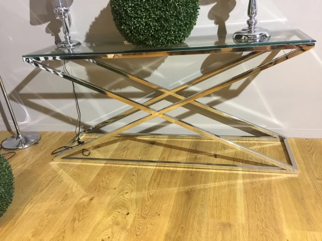 Konsole verchromt Glas-Metall, Sideboard mit Glasplatte, Wandtisch verchromt Glas, Maße 150x40 cm