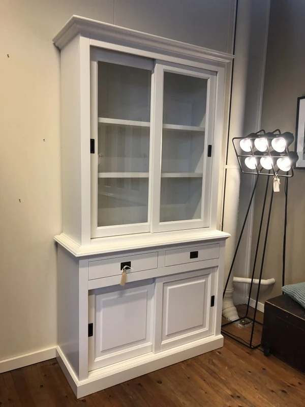 Vitrine weiß Landhaus, Geschirrschrank weiß Landhaus, Vitrinenschrank weiß Landhausstil, andere Farben optional wählbar, Breite 126 cm