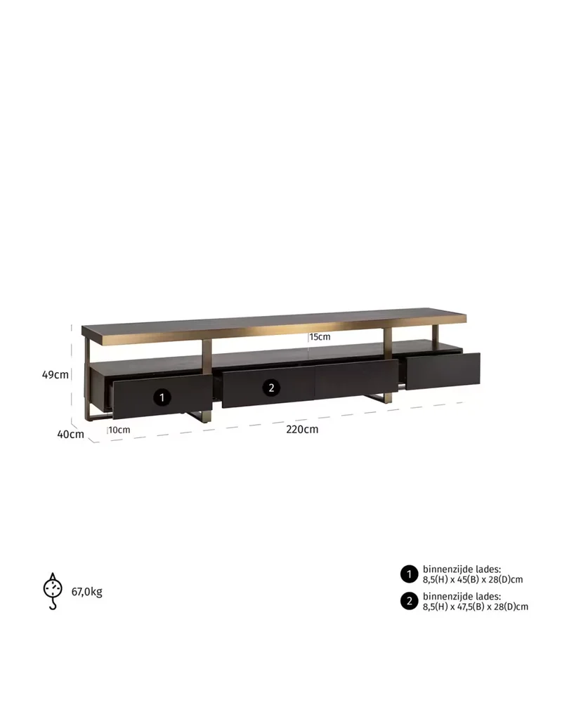 Fernsehschrank Gold schwarz, TV Schrank schwarz, Lowboard schwarz Gold, Breite 220 cm