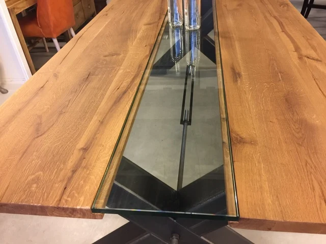 Esstisch Eiche Tischplatte, Tisch Glas-Massivholz Tischplatte Industriedesign, Tischgestell Metall, Maße 220 x 100 cm