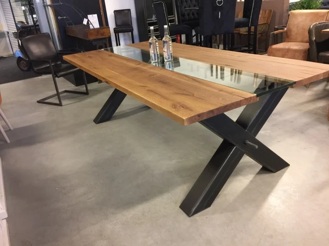 Esstisch Eiche Tischplatte, Tisch Glas-Massivholz Tischplatte Industriedesign, Tischgestell Metall, Maße 200 x 100 cm