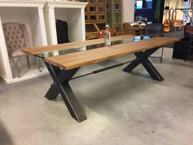 Esstisch Eiche Tischplatte, Tisch Glas-Massivholz Tischplatte Industriedesign, Tischgestell Metall, Maße 240 x 100 cm