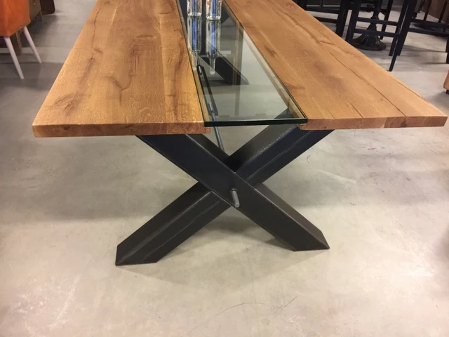 Esstisch Eiche Tischplatte, Tisch Glas-Massivholz Tischplatte Industriedesign, Tischgestell Metall, Maße 240 x 100 cm
