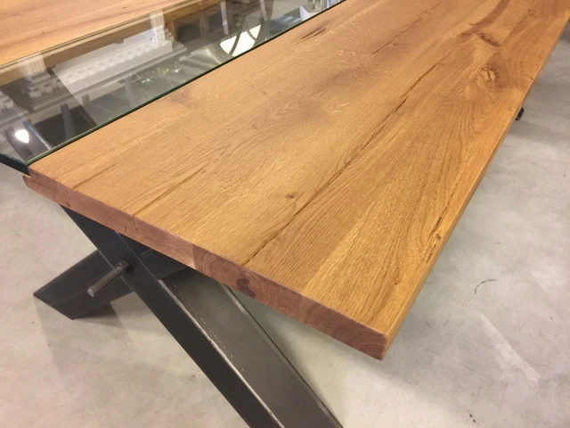 Esstisch Eiche Tischplatte, Tisch Glas-Massivholz Tischplatte Industriedesign, Tischgestell Metall, Maße 240 x 100 cm