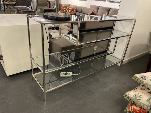 Konsole Silber, Wandtisch Regal Glas-Metall, Glas Regal Metall, Breite 140 cm