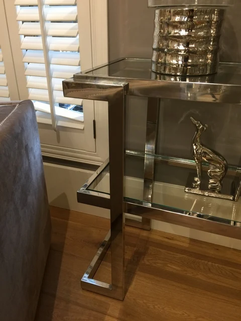 Sideboard verchromt Glas Metall, Wandtisch Metall Glasplatte, Konsole Silber Metal, Breite 150 cm