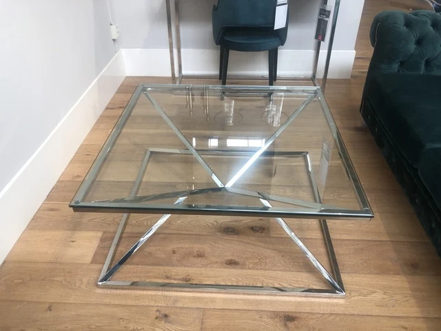 Couchtisch Silber Glas, Couchtisch Glas Metall, Maße 100X100 cm