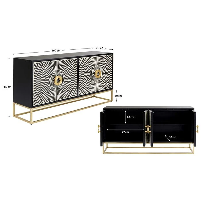 Sideboard weiß-schwarz-Gold, Anrichte Gold schwarz, Breite 160 cm