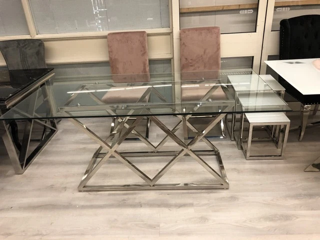 Glastisch Silber, Esstisch Glasplatte verchromtes Gestell, Tisch Glas verchromt, Breite 180 cm