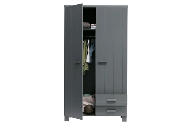Kleiderschrank grau Holz massiv, Schrank grau, Breite 111 cm