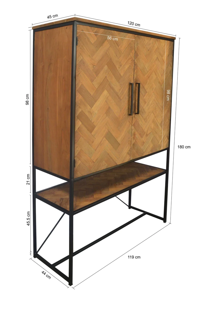 Schrank Fischgrätmuster, Schrank Industriedesign, Bücherregal Metall-Gestell, Breite 120 cm