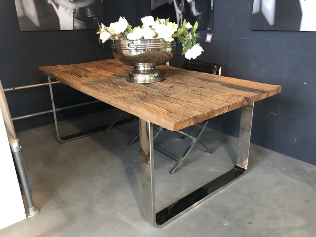 Tisch Altholz verchromt, Esstisch Silber-Gestell, Länge 200 cm