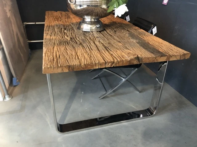 Tisch Altholz verchromt, Esstisch Silber-Gestell, Länge 200 cm