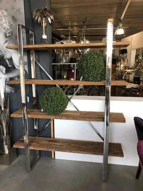Regal Altholz verchromt, Bücherregal Silber-Gestell, Regal Silber, Breite 141 cm