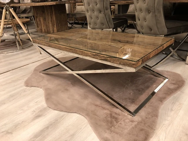 Couchtisch Altholz verchromt, Tisch Silber-Gestell, Breite 130 cm