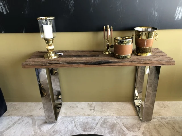 Konsole Altholz verchromt, Konsole Silber-Gestell, Wandtisch verchromt, Breite 140 cm