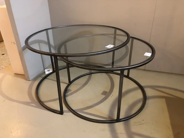 2er Set Couchtisch grau Glas-Metall, Couchtisch rund Glas, Durchmesser 75 cm