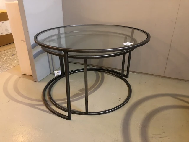 2er Set Couchtisch grau Glas-Metall, Couchtisch rund Glas, Durchmesser 75 cm
