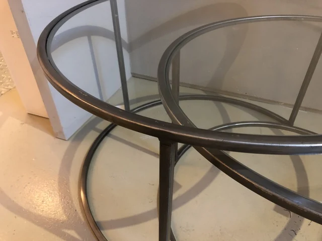 2er Set Couchtisch grau Glas-Metall, Couchtisch rund Glas, Durchmesser 75 cm