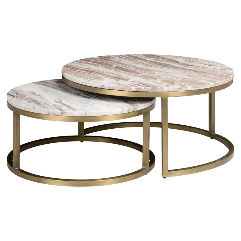 Couchtisch beige rund Gold, 2er Set runder Couchtisch Marmor beige, Durchmesser 85 cm