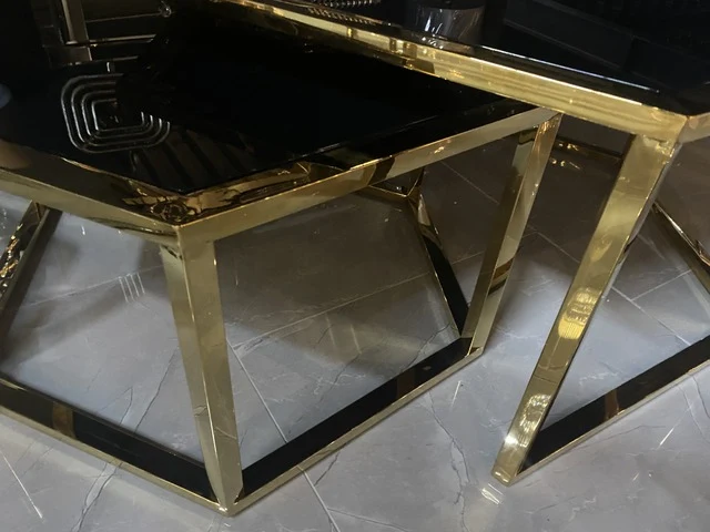 Couchtisch Gold, 2er Set Couchtisch schwarze Tischplatte, Durchmesser 90 cm