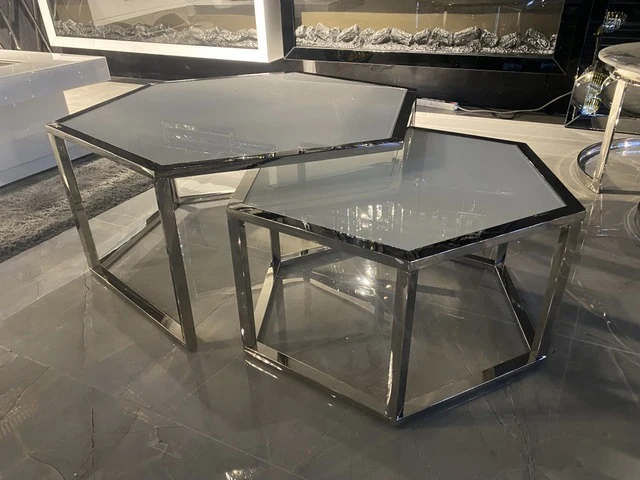 Couchtisch Silber, Couchtisch verchromt, 2er Set Couchtisch weiße Tischplatte, Durchmesser 90 cm