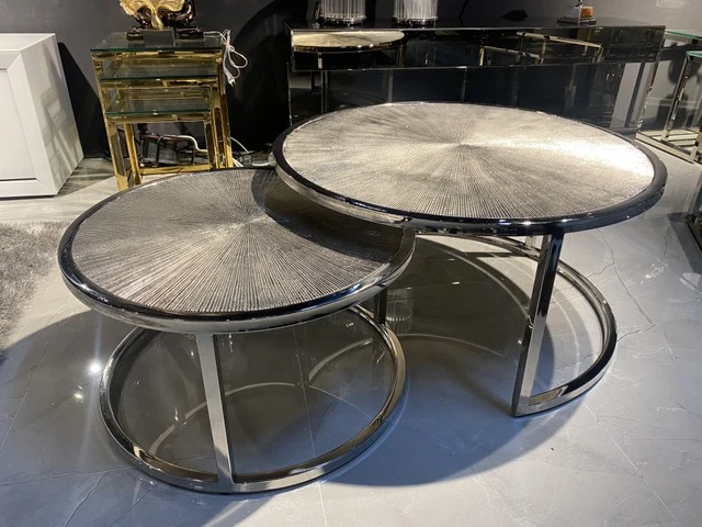 Couchtisch Silber, runder Couchtisch verchromte Tischbeine, 2er Set Couchtisch, Durchmesser 90 cm