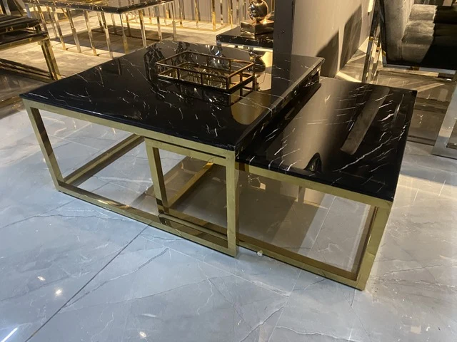 Couchtisch schwarz, Couchtisch Gestell Gold, 2er Set Couchtisch schwarz, Maße 90x90 cm