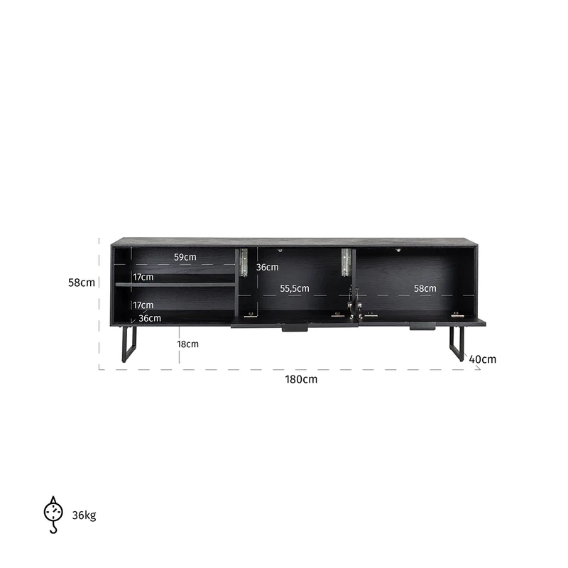 Fernsehschrank Eiche furniert, TV Schrank schwarz, Breite 180 cm