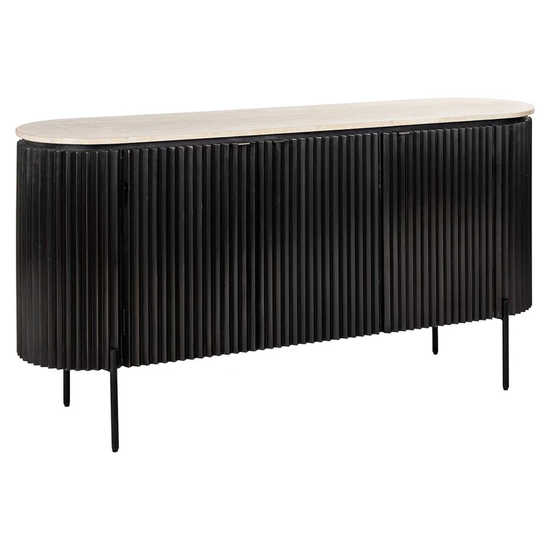 Sideboard Stein Travertin schwarz, Anrichte schwarz Eiche furniert, Breite 160 cm