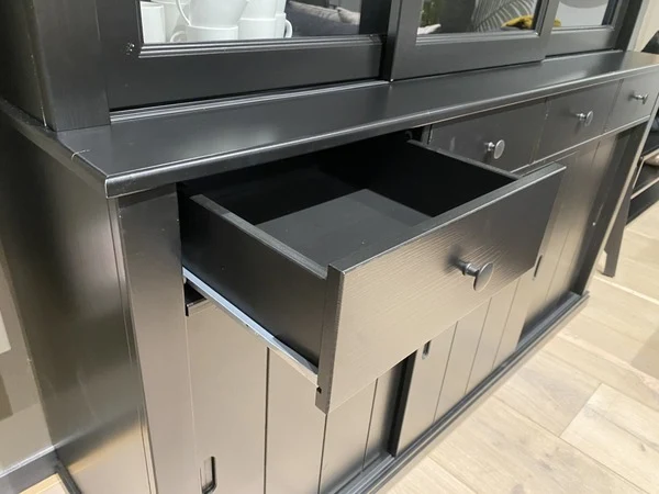Vitrinenschrank schwarz, Geschirrschrank schwarz Landhaus, Vitrine schwarz Landhausstil, Buffetschrank schwarz, Breite 166 cm