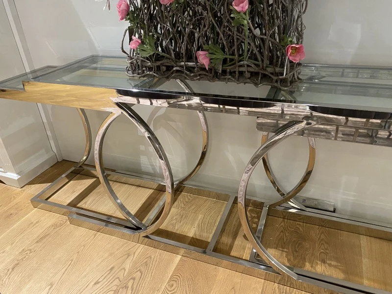 Konsole Silber, Wandtisch verchromt, Glas-Konsole Silber, Breite 150 cm