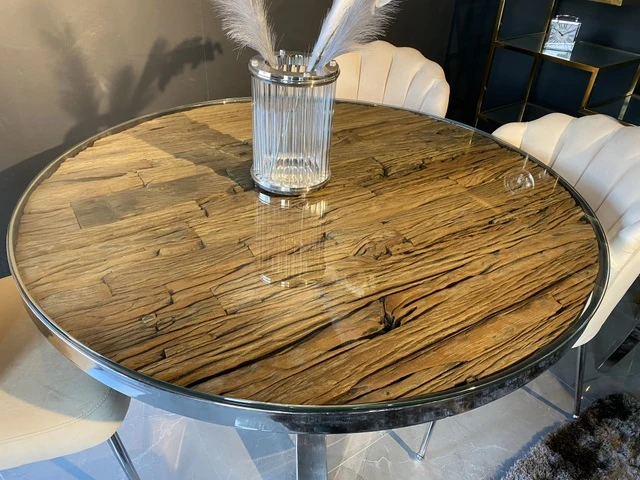 Esstisch rund Silber Tischgestell, runder Tisch Altholz Tischplatte, Durchmesser 130 cm