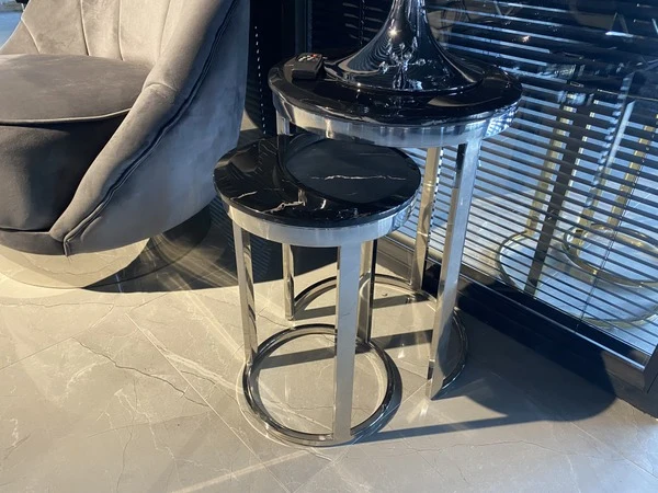 2er Set Beistelltisch schwarz, runder Beistelltisch Silber, Durchmesser 40 cm